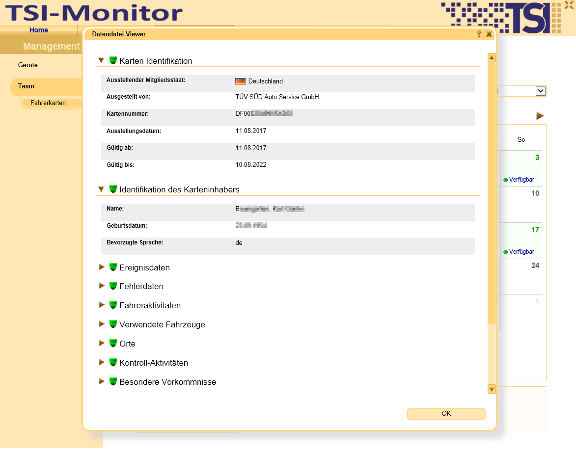 Einsehen von Details zu Fahrerkarten-Daten